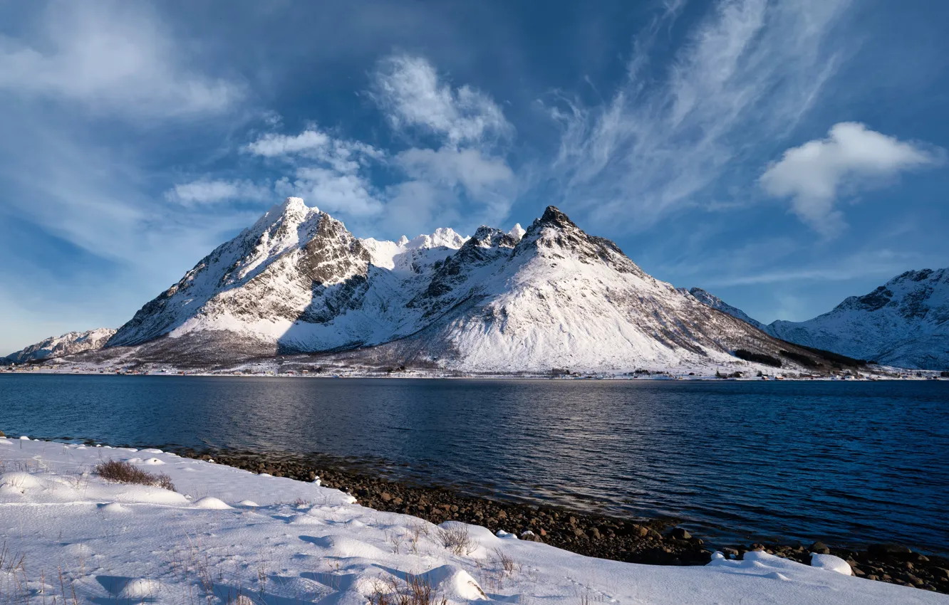 Photo wallpaper winter, the sky, the sun, clouds, snow, mountains, lake, shore