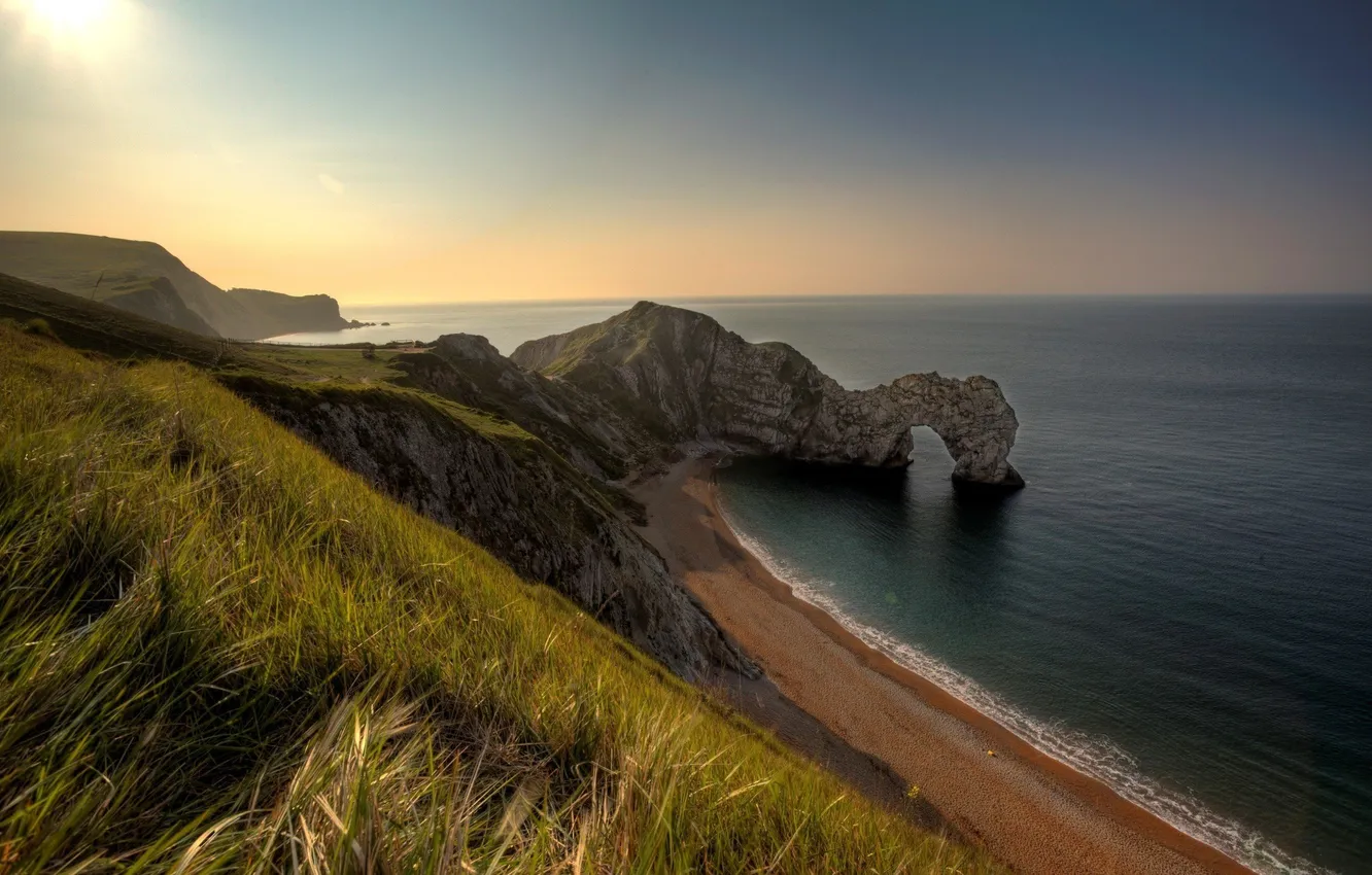 Photo wallpaper sand, wave, beach, the sky, grass, clouds, landscape, sunset