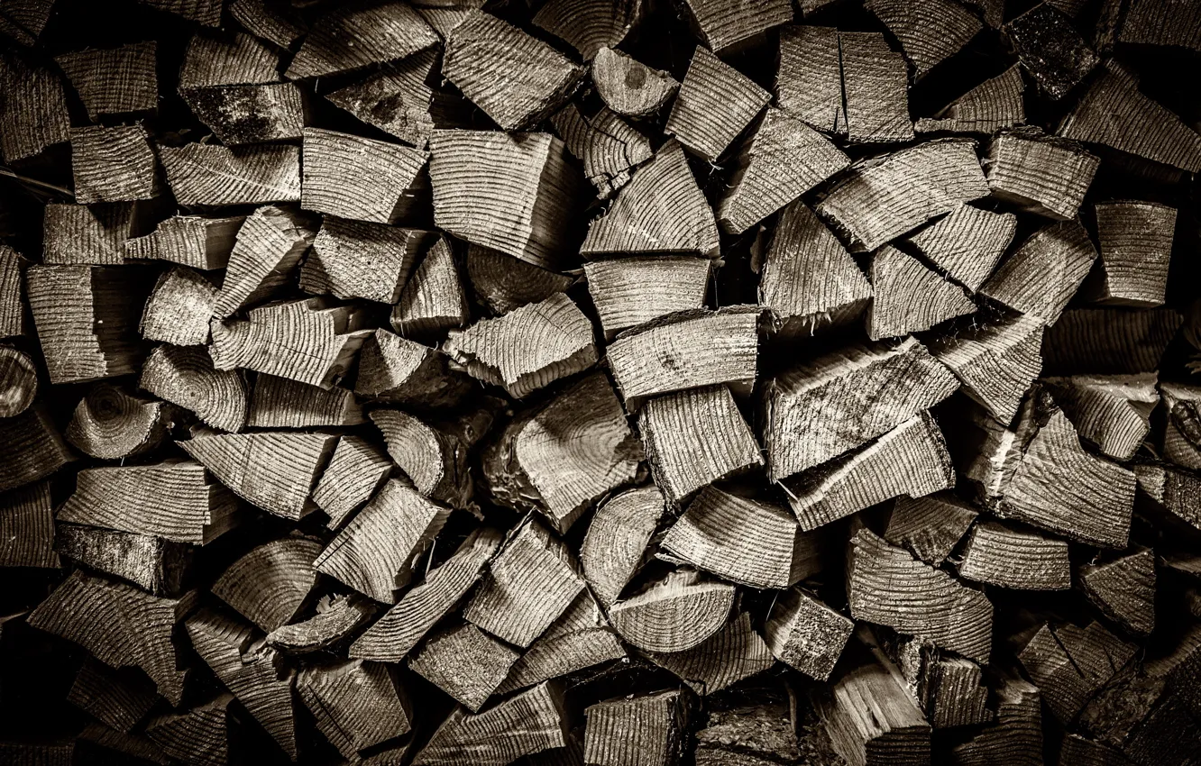 Photo wallpaper wood, black and white, Pile of Wood