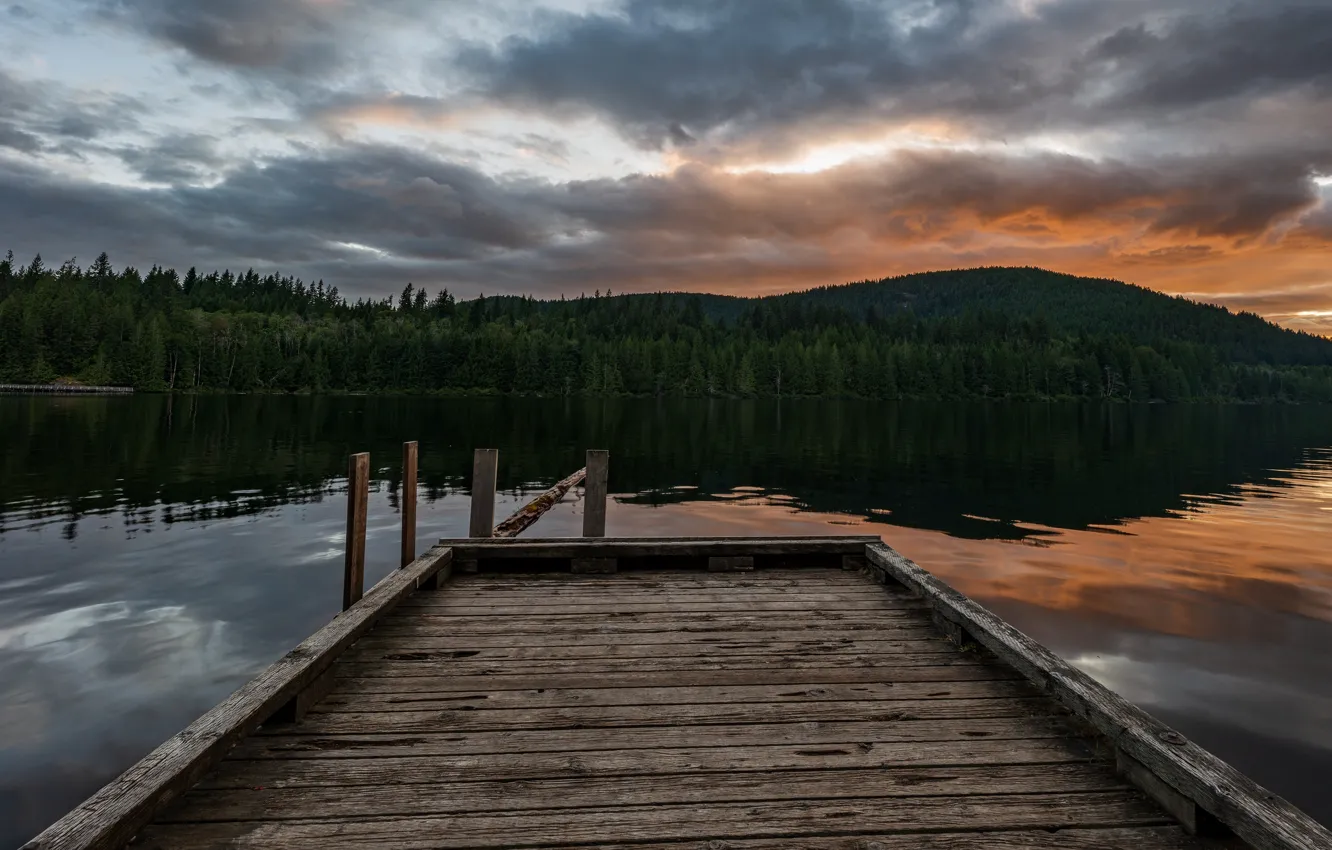 Photo wallpaper forest, the sky, clouds, sunset, clouds, lake, reflection, shore