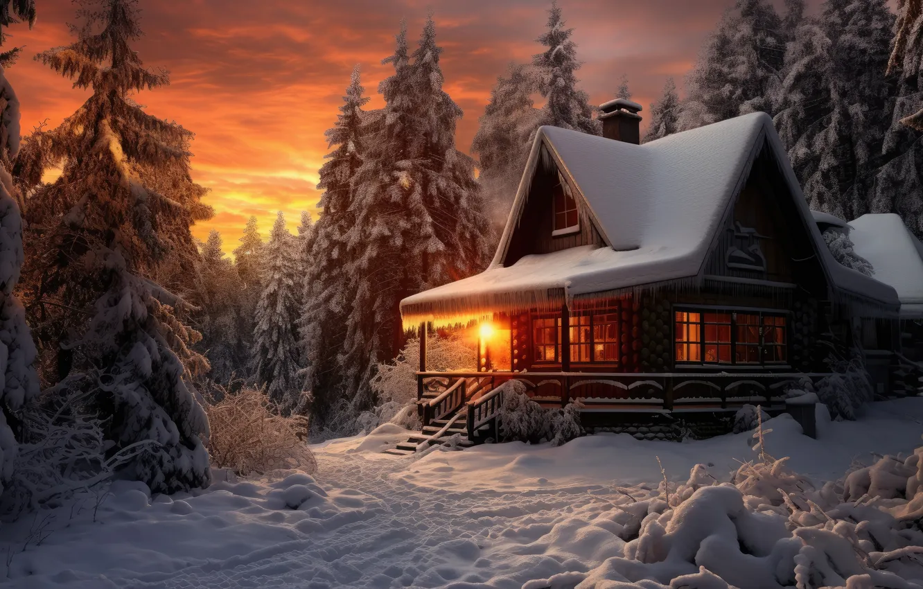 Photo wallpaper winter, forest, snow, mountains, night, nature, house, house