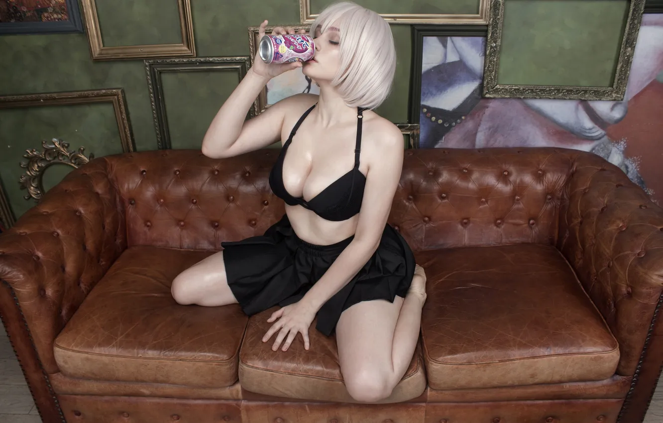 Photo wallpaper barefoot, model, women, cosplay, blonde, profile, kneeling, closed eyes