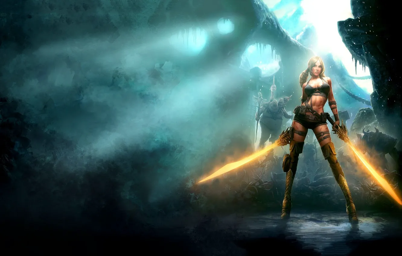 Photo wallpaper chest, girl, lights, sword, boots, heels, Blades of time
