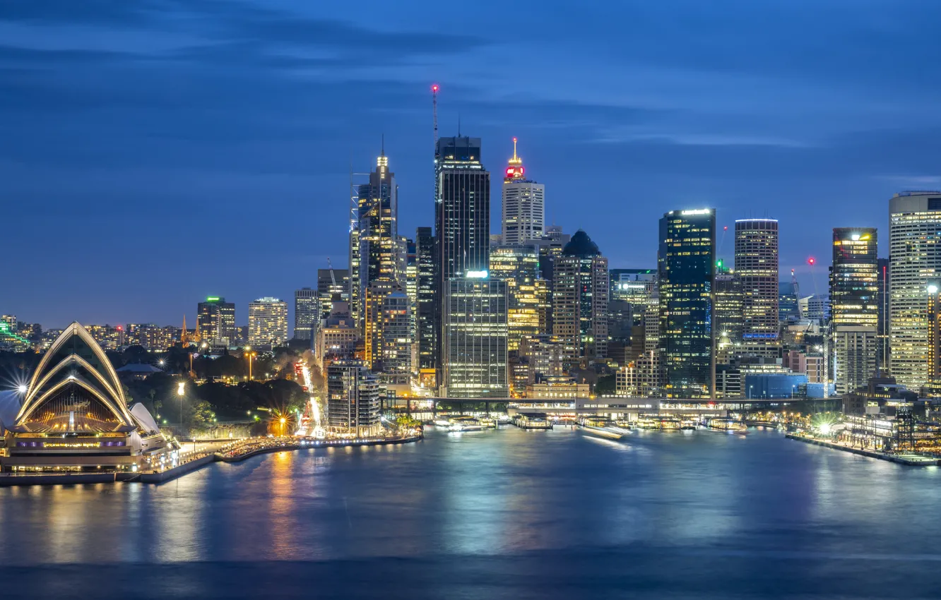 Photo wallpaper the sky, clouds, the city, lights, blue, shore, view, building