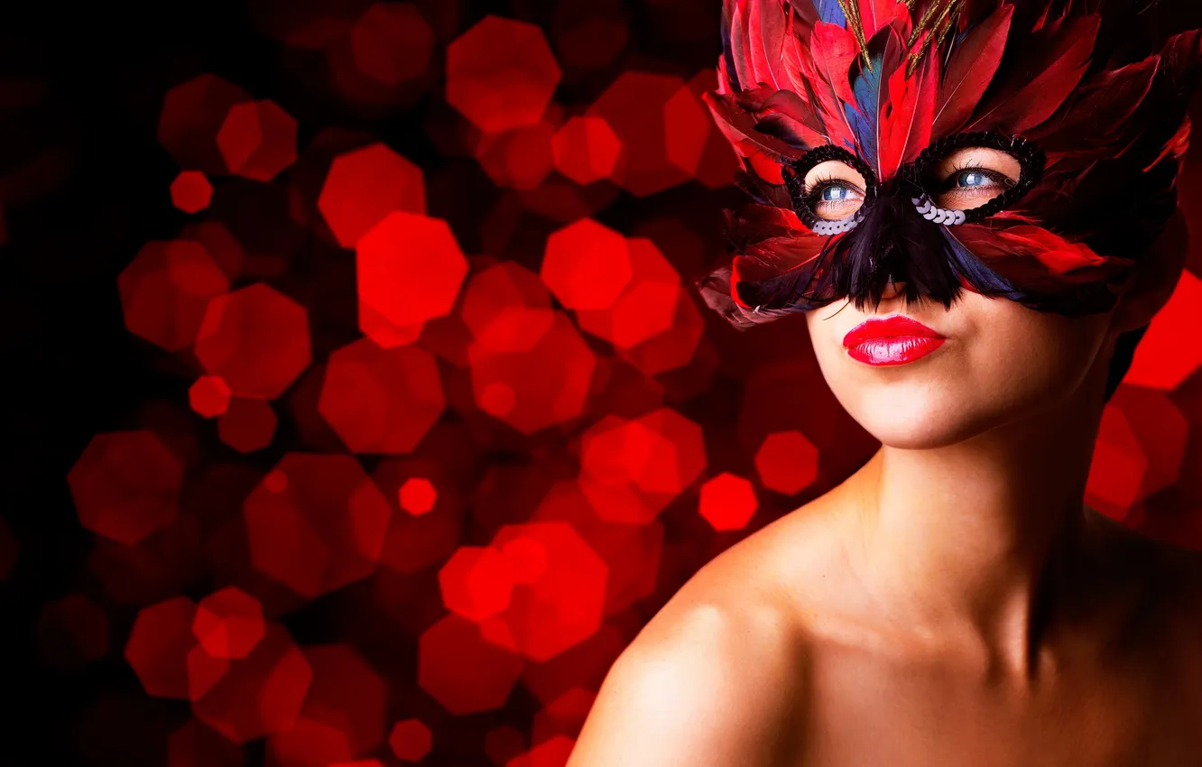 Photo wallpaper feathers, makeup, mask, shoulders, blue-eyed