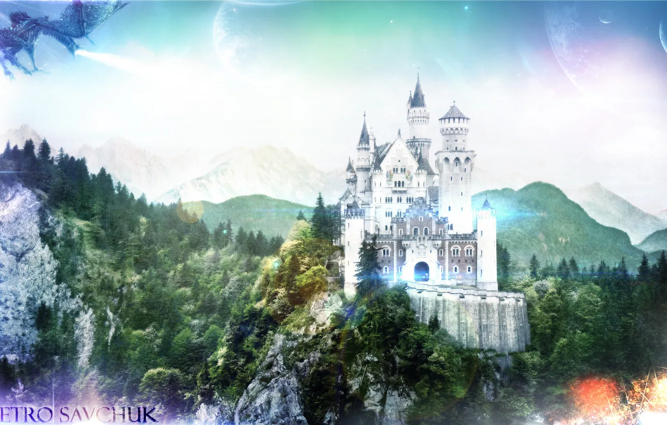 Photo wallpaper forest, landscape, mountains, rendering, dragon