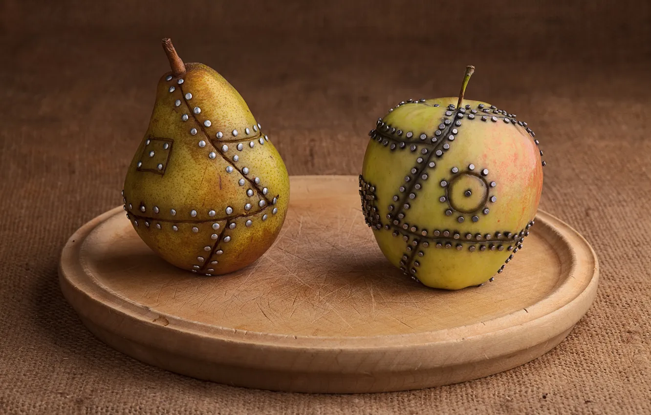 Photo wallpaper table, apples, pear, dish, rivets