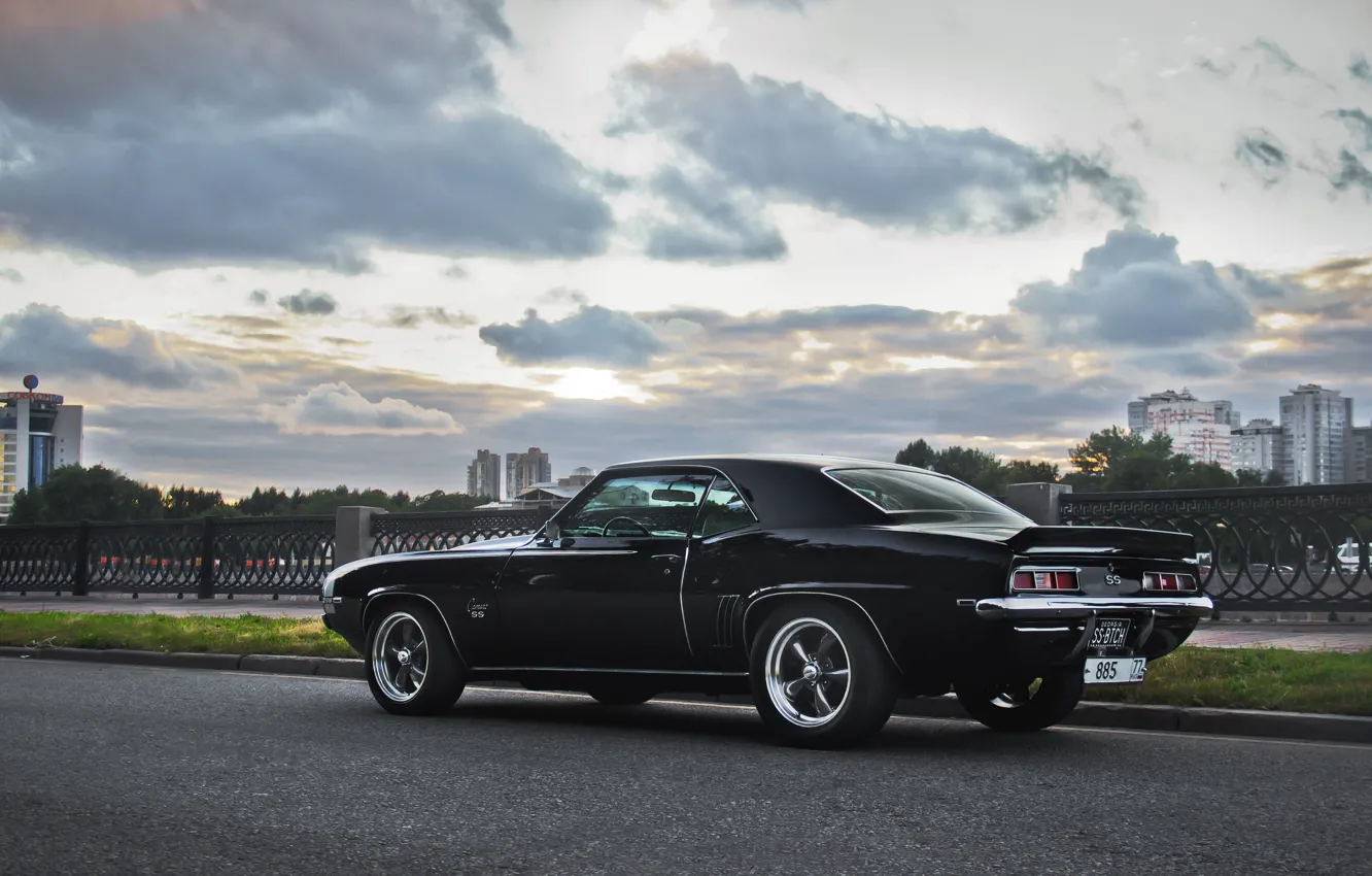 Photo wallpaper the sky, clouds, street, black, building, the evening, Chevrolet, Camaro