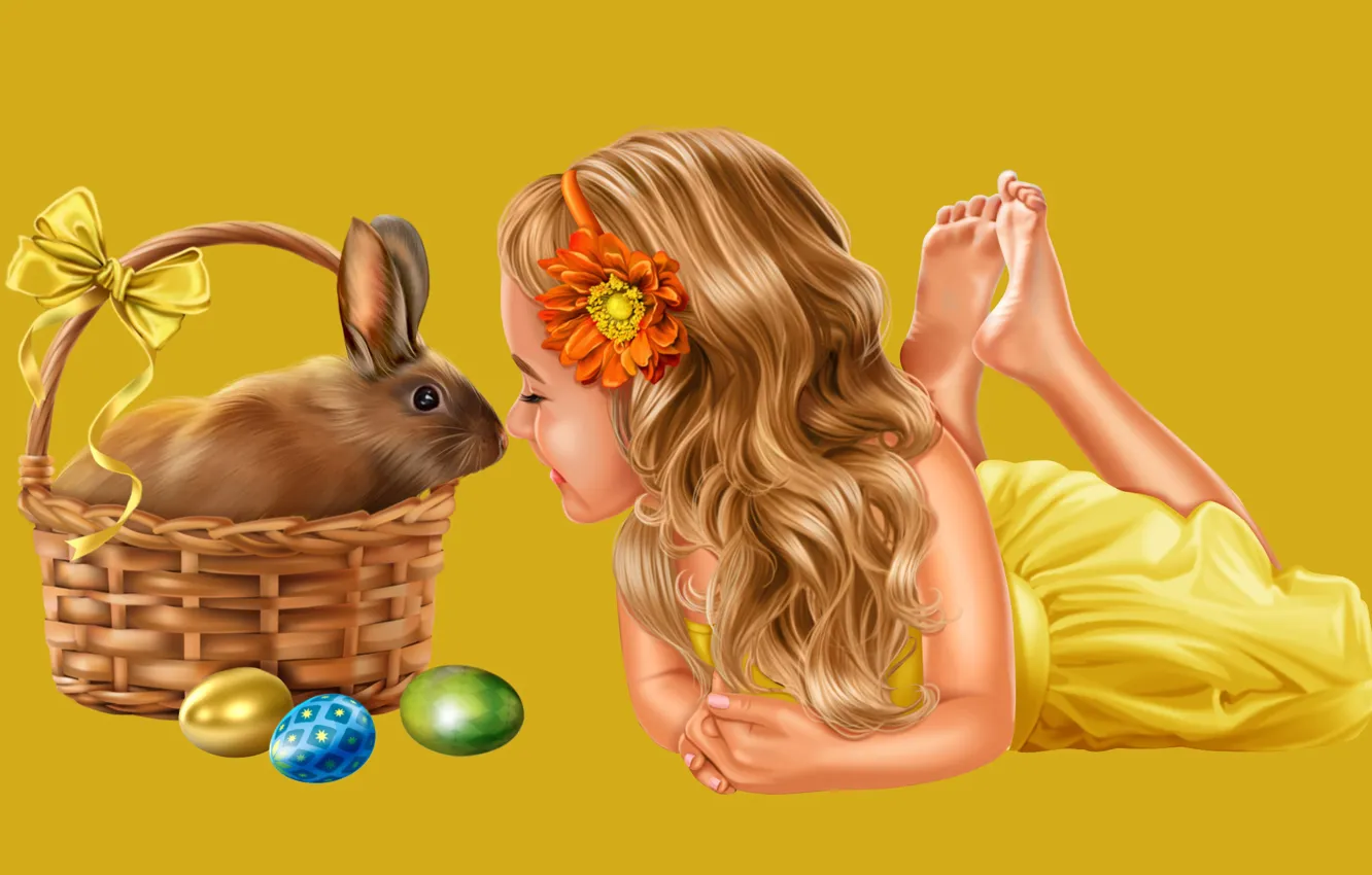 Photo wallpaper joy, basket, eggs, rabbit, Easter, girl, bow