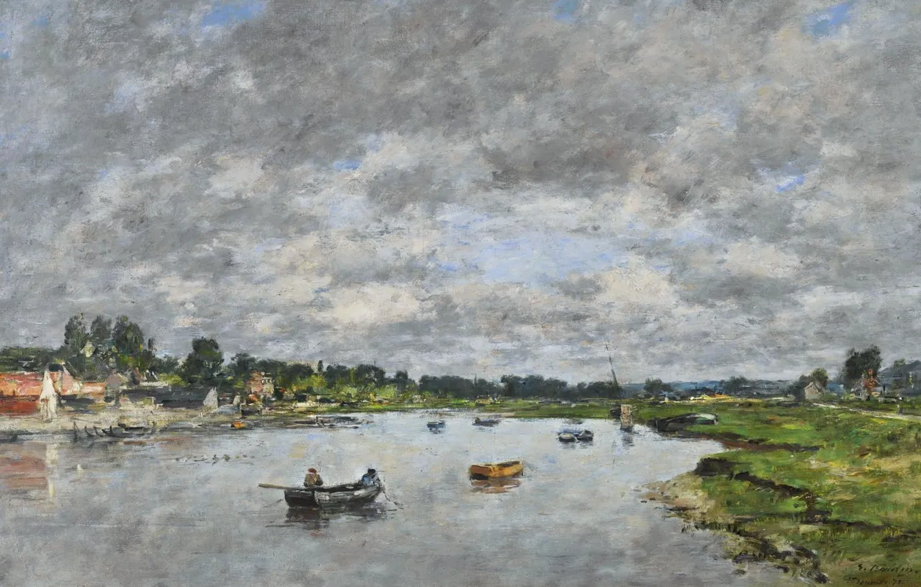 Photo wallpaper landscape, boat, picture, Eugene Boudin, Eugene Boudin, The river Touques at Trouville