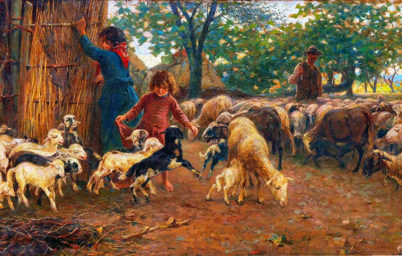 Photo wallpaper girl, sheep, picture, girl, shepherd, lamb, Italian painter, The return of Mothers