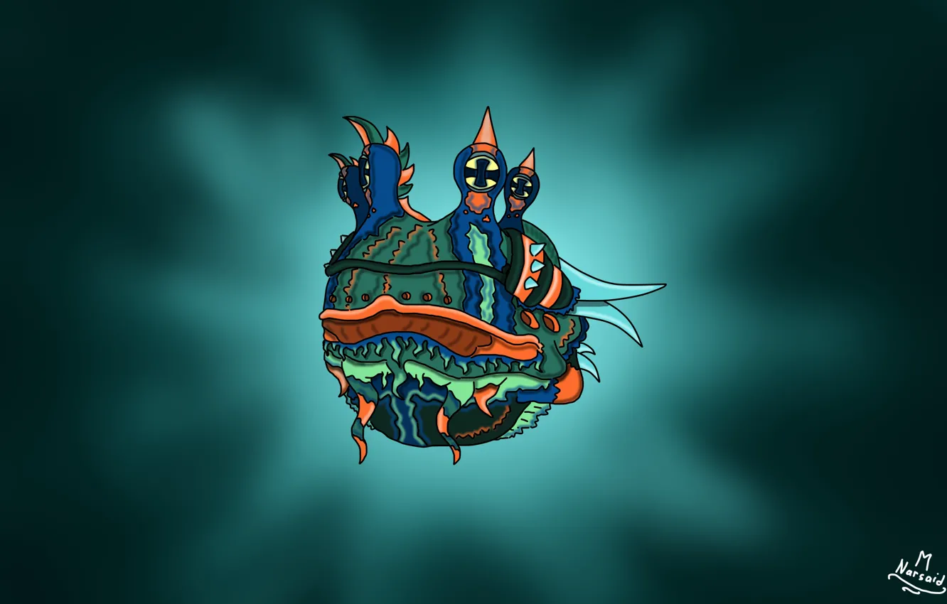 Photo wallpaper eyes, orange, cartoon, balls, round, tentacles, horns, marsh