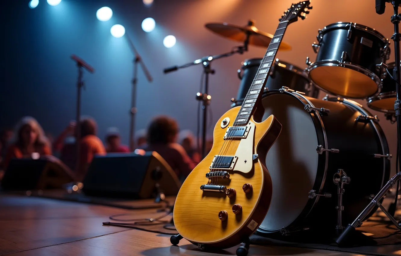 Photo wallpaper music, scene, guitar, concert, musical instruments, spotlights, AI art, neural network