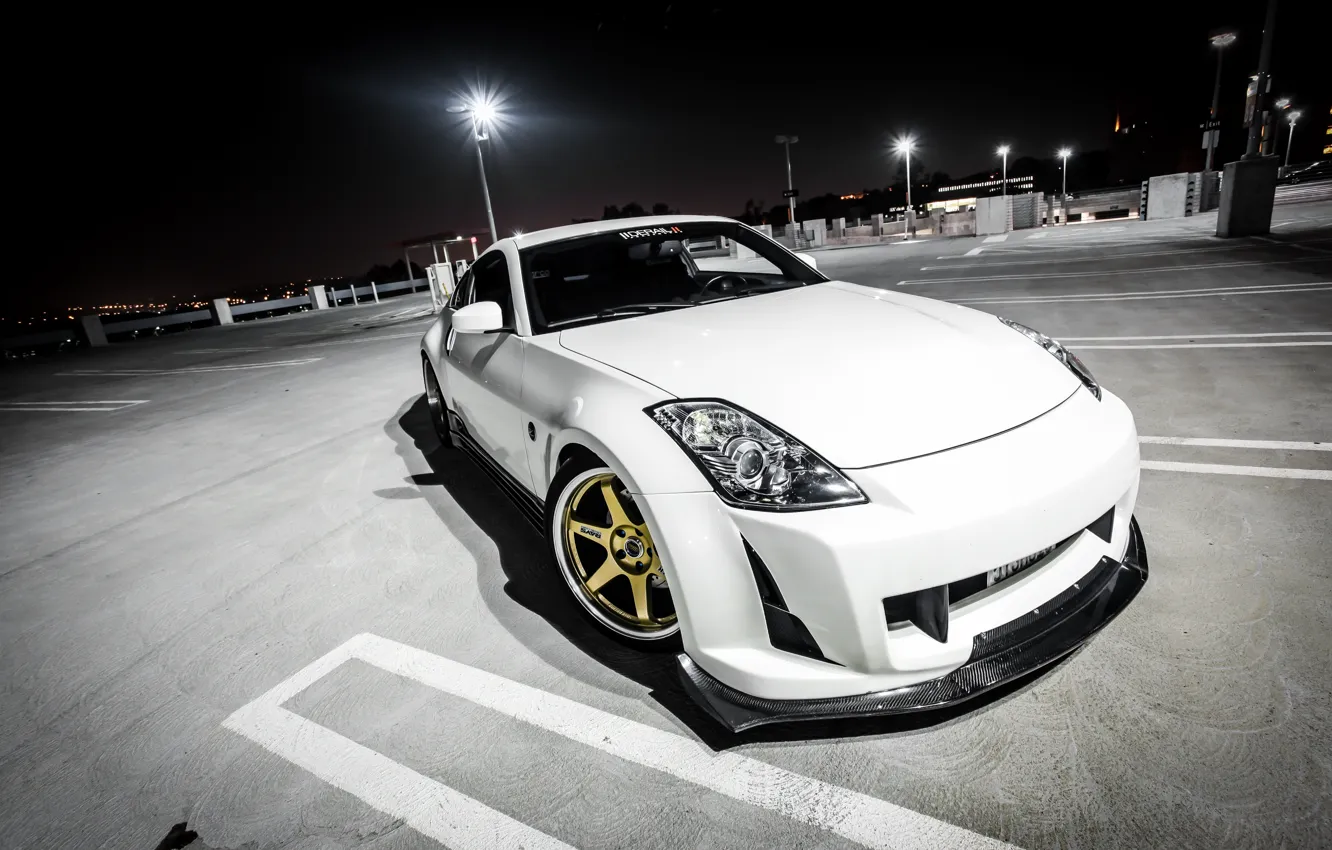 Photo wallpaper white, night, tuning, Parking, Nissan, white, Nissan, 350Z