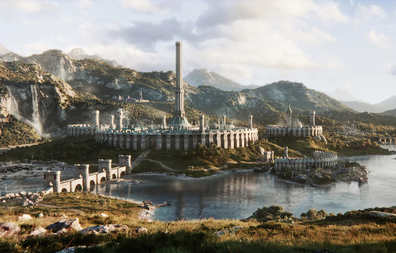 Photo wallpaper clouds, mountains, bridge, nature, the city, the game, Oblivion, the middle ages