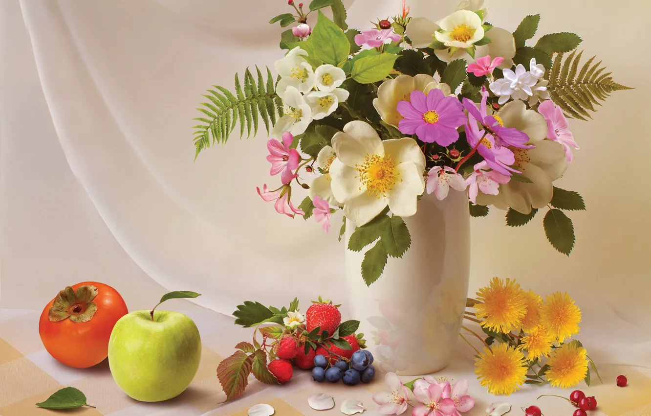 Photo wallpaper flowers, rendering, bouquet, vase, fruit
