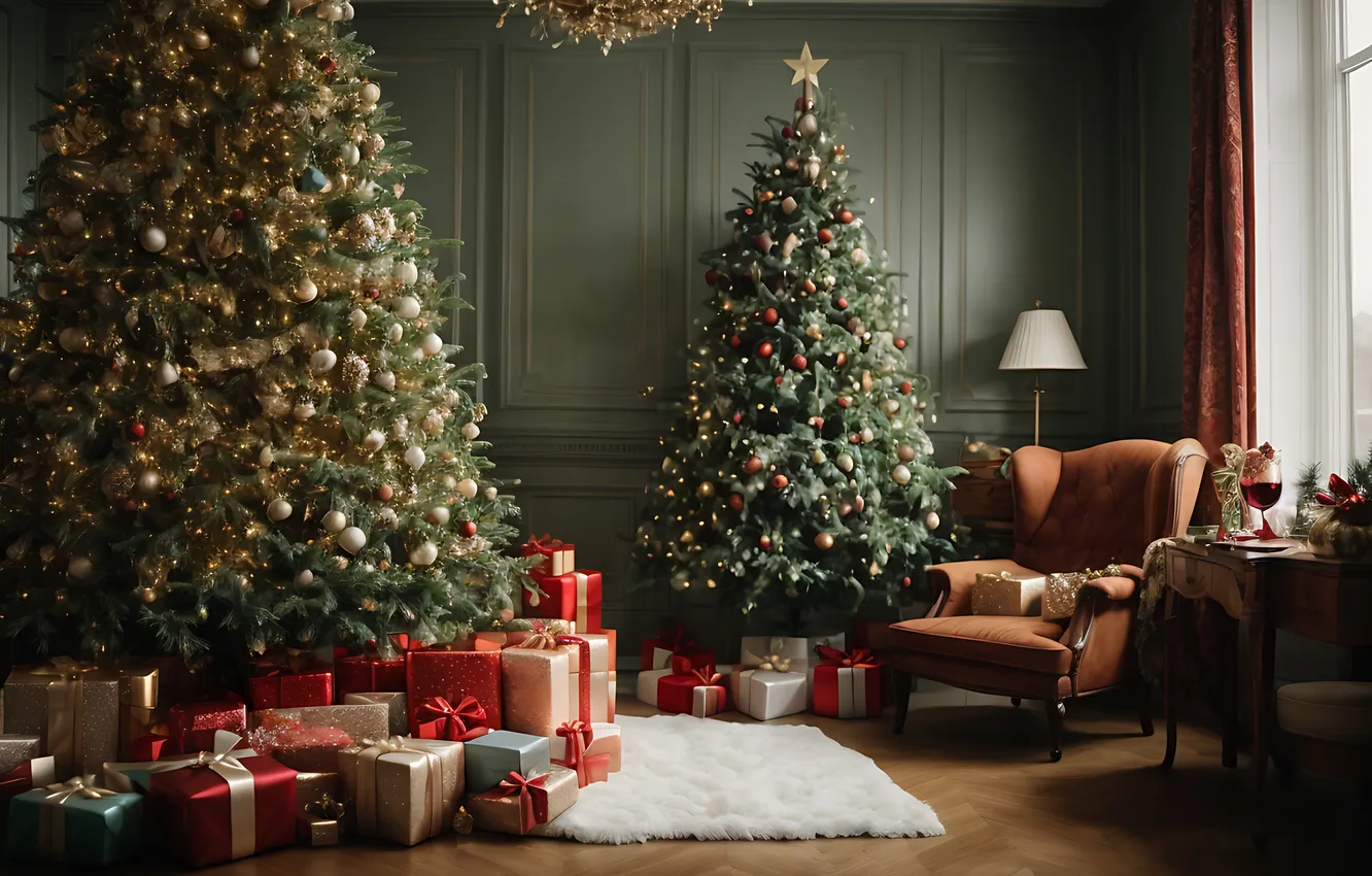 Photo wallpaper decoration, room, gift, tree, new year, interior, Christmas, Christmas