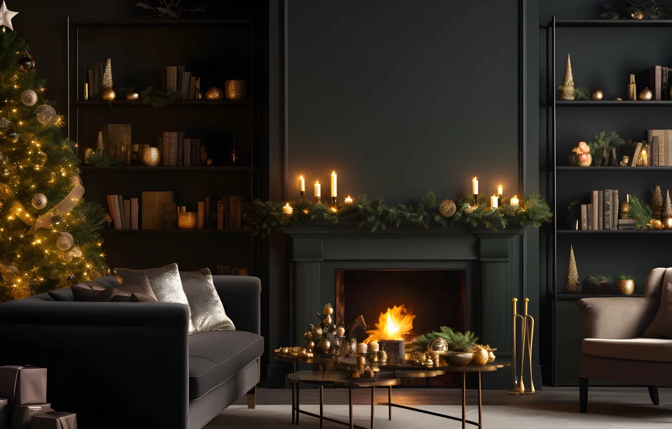 Photo wallpaper decoration, room, gift, balls, tree, new year, interior, Christmas