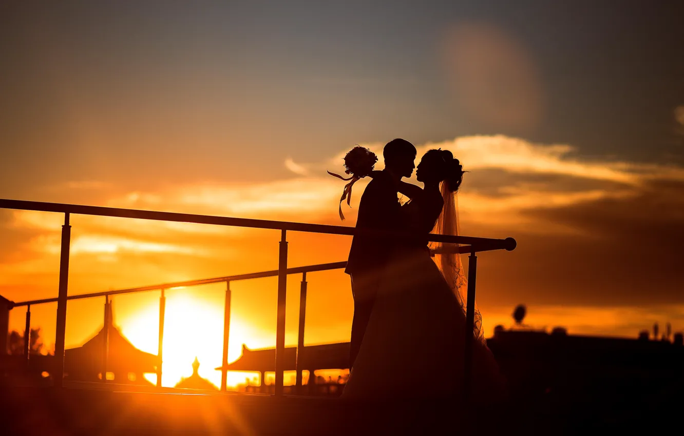 Photo wallpaper girl, sunset, mood, dress, pair, male, guy, wedding