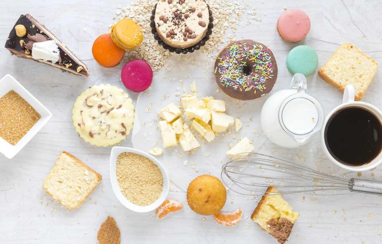 Photo wallpaper Breakfast, milk, cupcakes, coffee, donuts