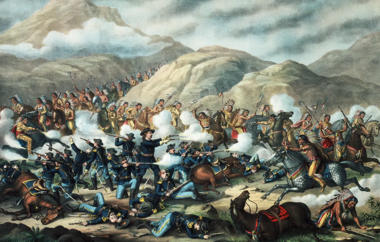 Photo wallpaper picture, painting, painting, Lakota, 1876, general G.A.Сuster, Sitting Bull, Northern Cheyenne Indians