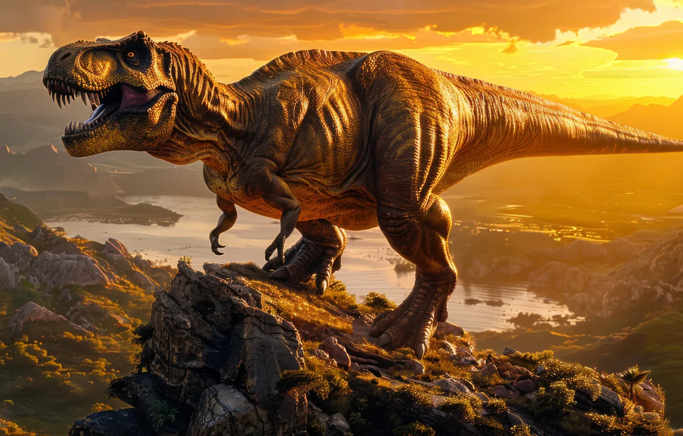 Photo wallpaper mountains, animal, dawn, dinosaur, predator, teeth, grin, Tyrannosaurus