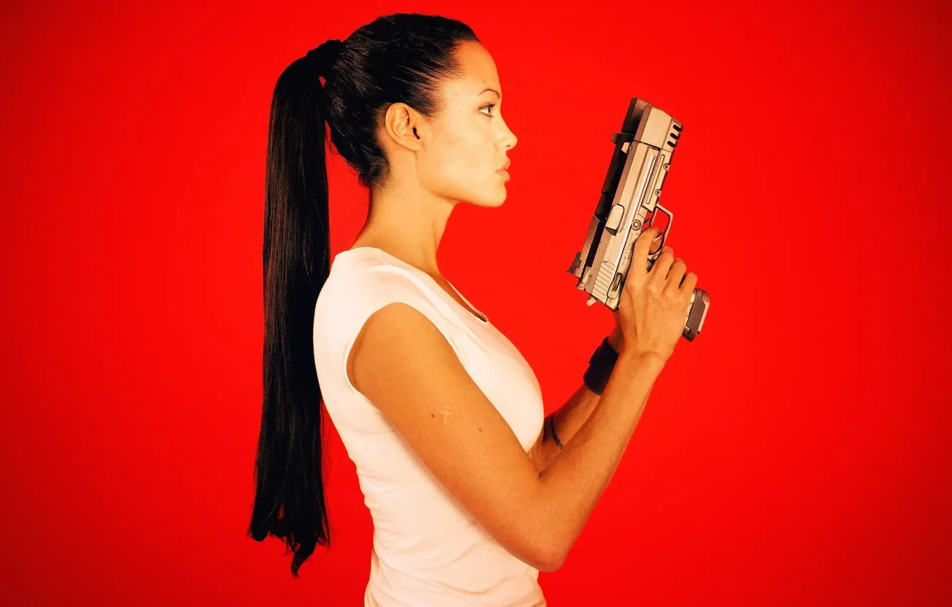 Photo wallpaper face, weapons, hair, guns, actress, Angelina Jolie, tail, profile
