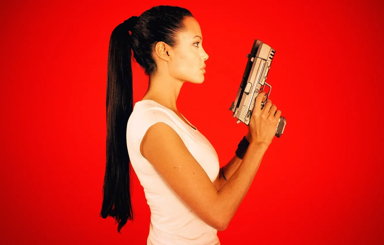Photo wallpaper face, gun, weapons, hair, actress, Angelina Jolie, tail, profile