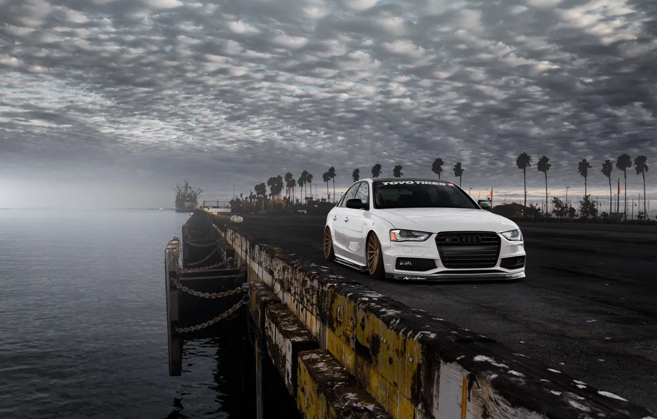 Photo wallpaper Audi, Car, Front, Sunset, White, Stance, Vossen, Wheels