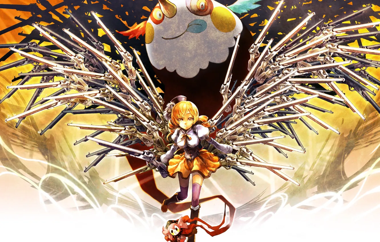 Photo wallpaper girl, wings, anime, art, the gun, mahou shoujo madoka magica, Girl Madoka, Tomoe Mami
