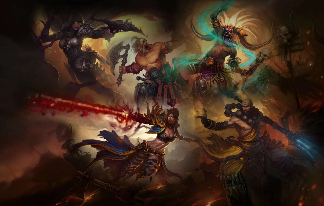 Photo wallpaper art, monk, Diablo 3, barbarian, shaman, demon hunter, monk, Demon Hunter