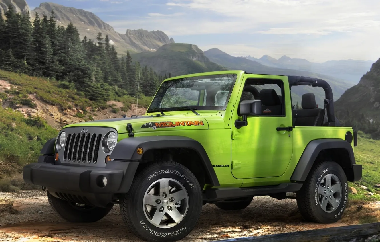 Photo wallpaper nature, green, SUV, the front, mountain, mountains.the sky, Wrangler, Jeep