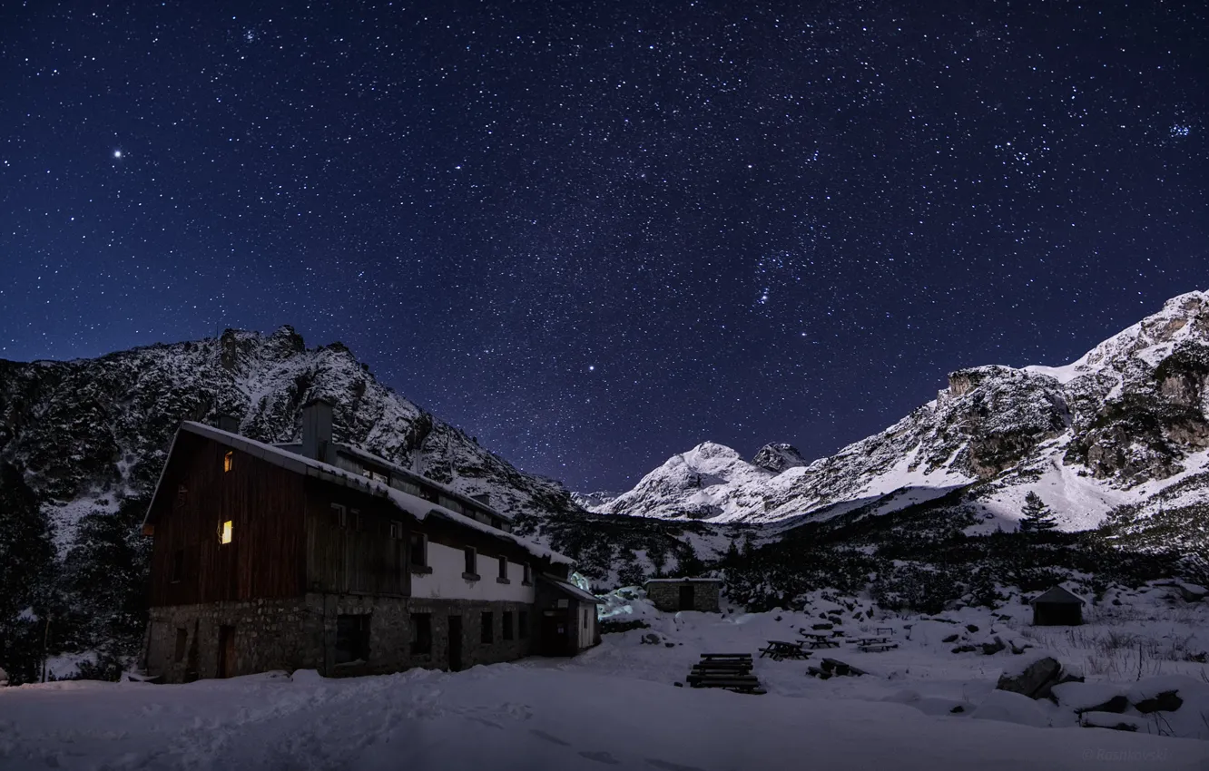 Photo wallpaper winter, the sky, stars, light, snow, Bulgaria, Rila mountain, Malyovitsa Chalet