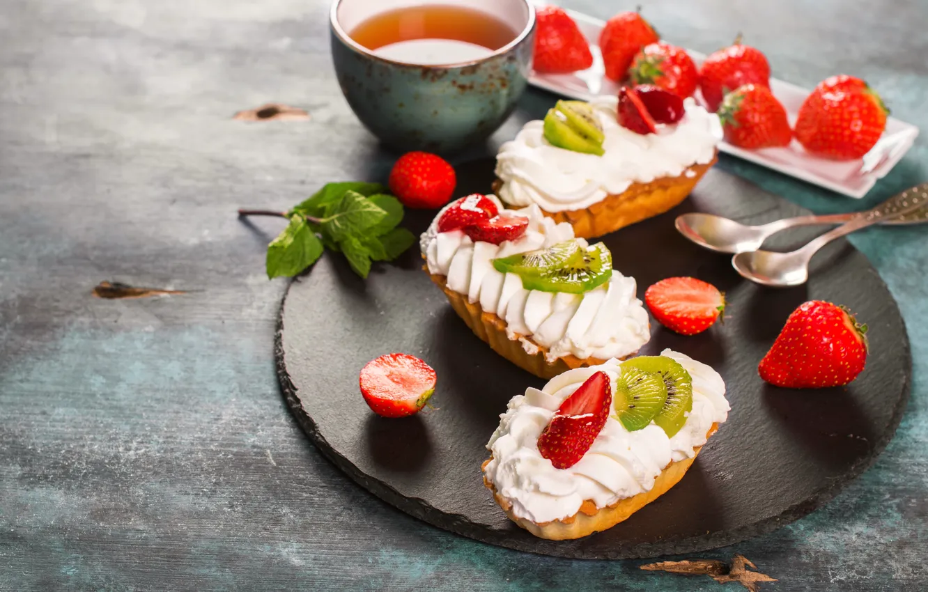 Photo wallpaper berries, tea, strawberry, cake
