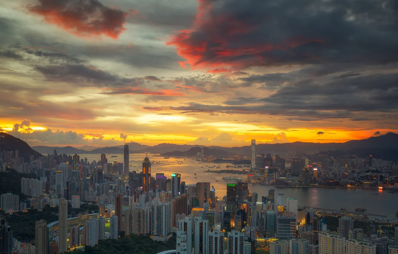 Photo wallpaper the sky, clouds, sunset, home, architecture, cityscape, Hong Kong