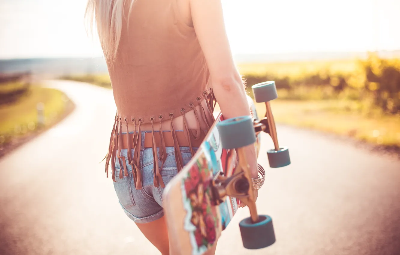 Photo wallpaper girl, shorts, Board, skateboard, denim