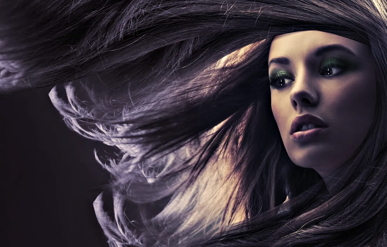 Photo wallpaper girl, face, the wind, hair, makeup
