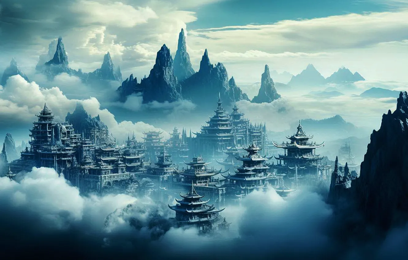 Photo wallpaper city, fantasy, sky, fog