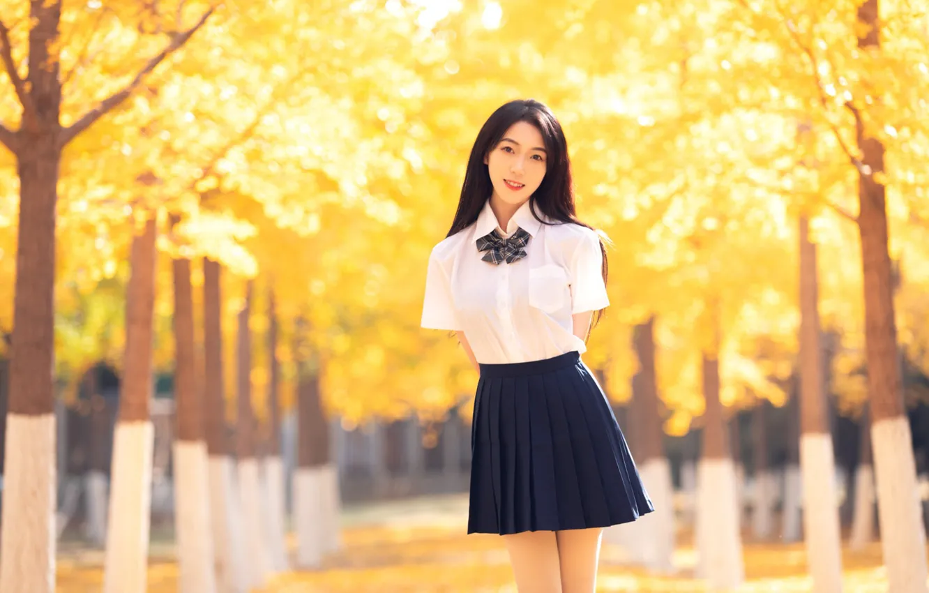 Photo wallpaper girl, park, autumn, model, asian, cute, skirt