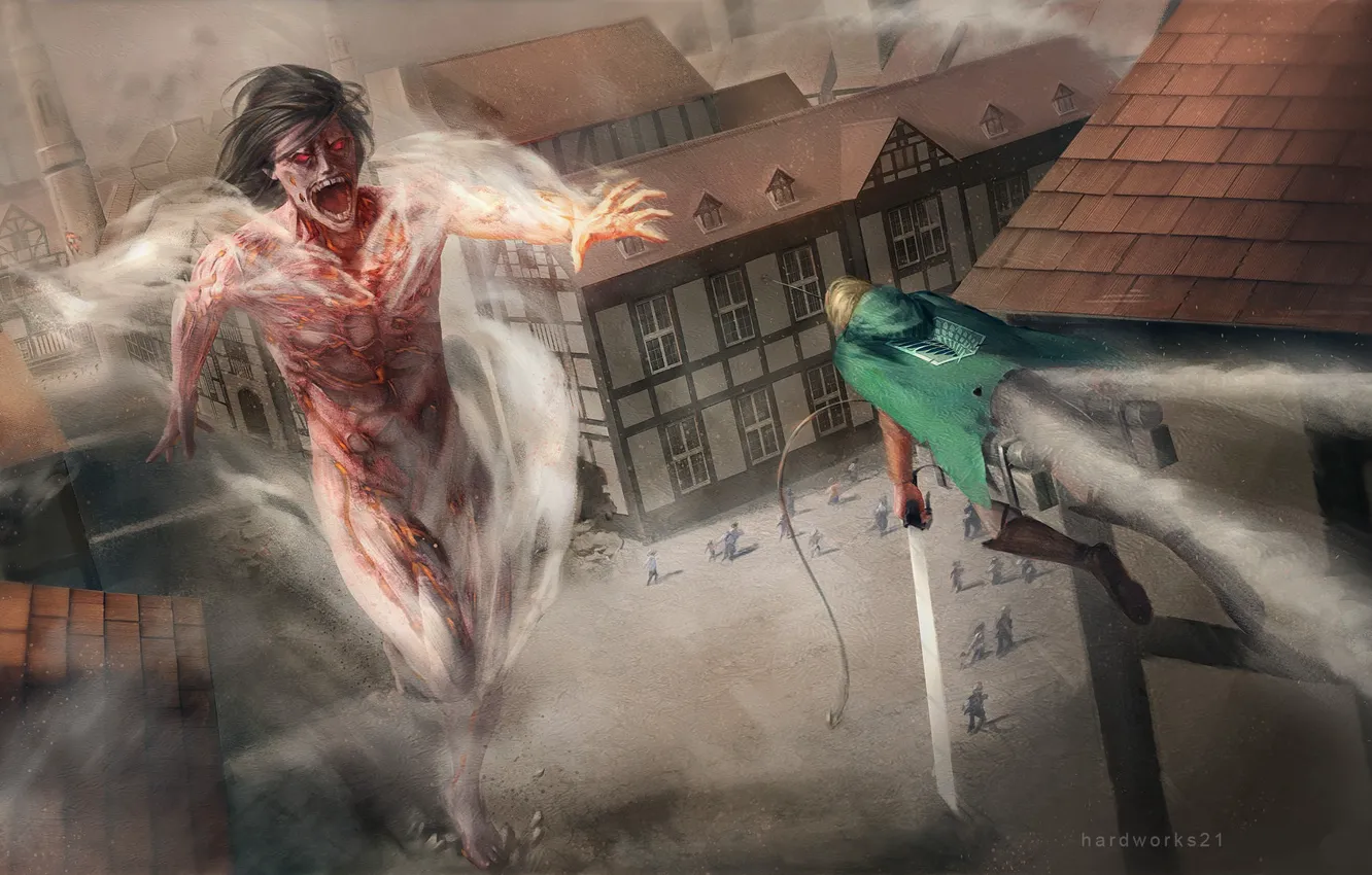 Photo wallpaper the city, people, soldiers, couples, runs, Titan, Shingeki No Kyojin, Attack of the titans