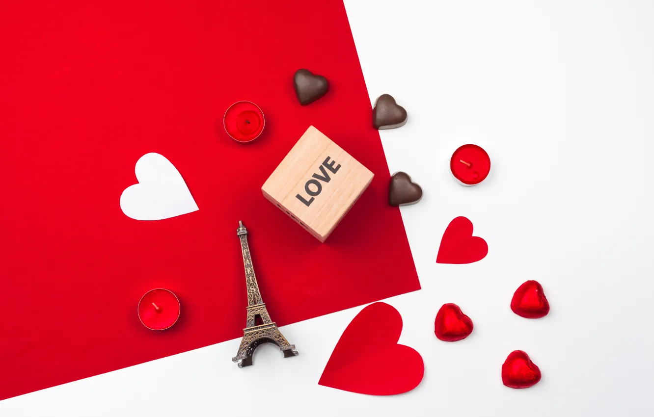 Photo wallpaper box, candy, hearts, Eiffel tower, chocolate