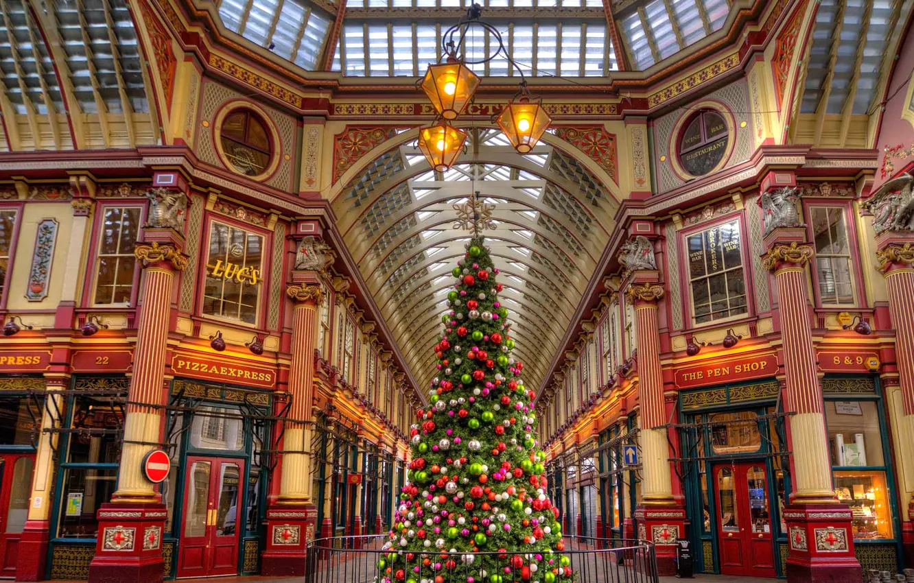 Photo wallpaper decoration, holiday, balls, England, London, tree, Christmas, Leadenhall Market