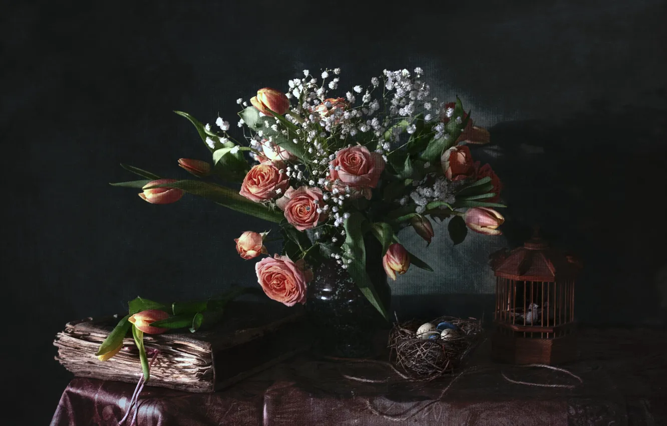 Photo wallpaper light, flowers, the dark background, table, roses, eggs, bouquet, cell