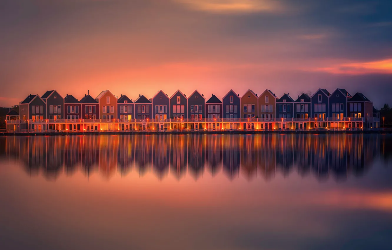Photo wallpaper Holland, Water, Sunset, Reflection, Lightroom, Homes, Neighbours