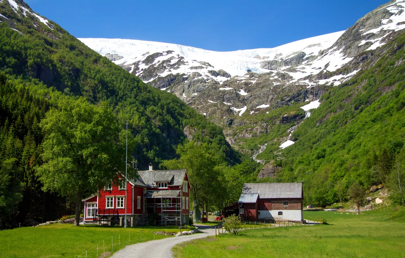 Photo wallpaper road, grass, snow, trees, mountains, house, glade, Norway