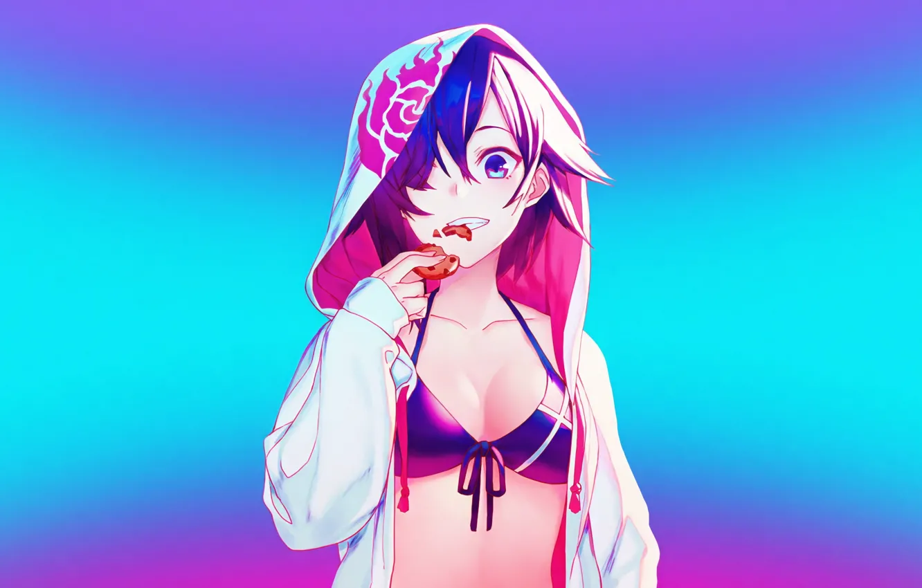 Photo wallpaper Pink, Girl, Purple, Bikini, Beautiful, Art, Anime, Blue