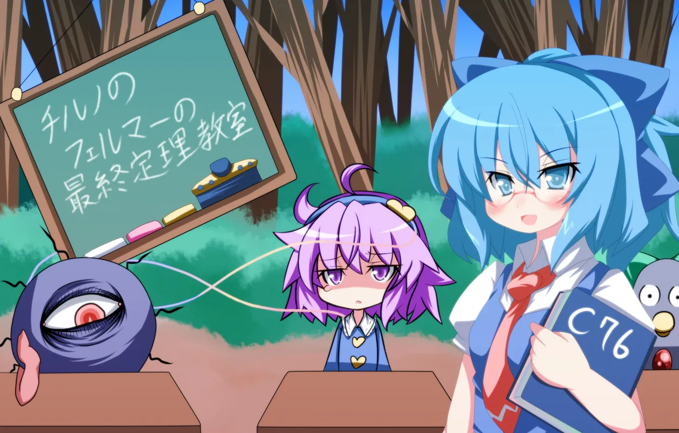 Photo wallpaper tie, characters, lesson, blue hair, crayons, desks, in the woods, Cirno