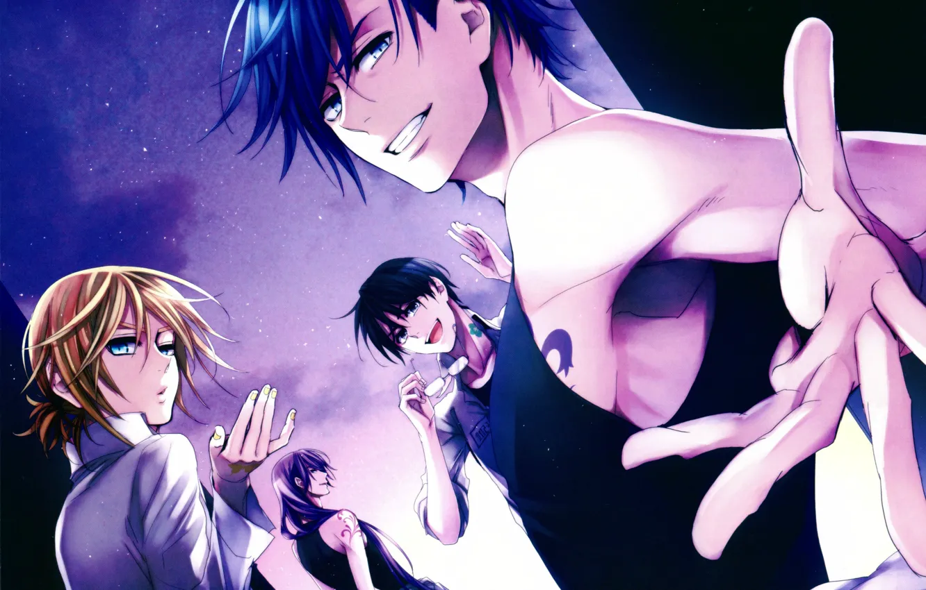 Photo wallpaper stars, night, smile, tattoo, vocaloid, gesture, kaito, len kagamine