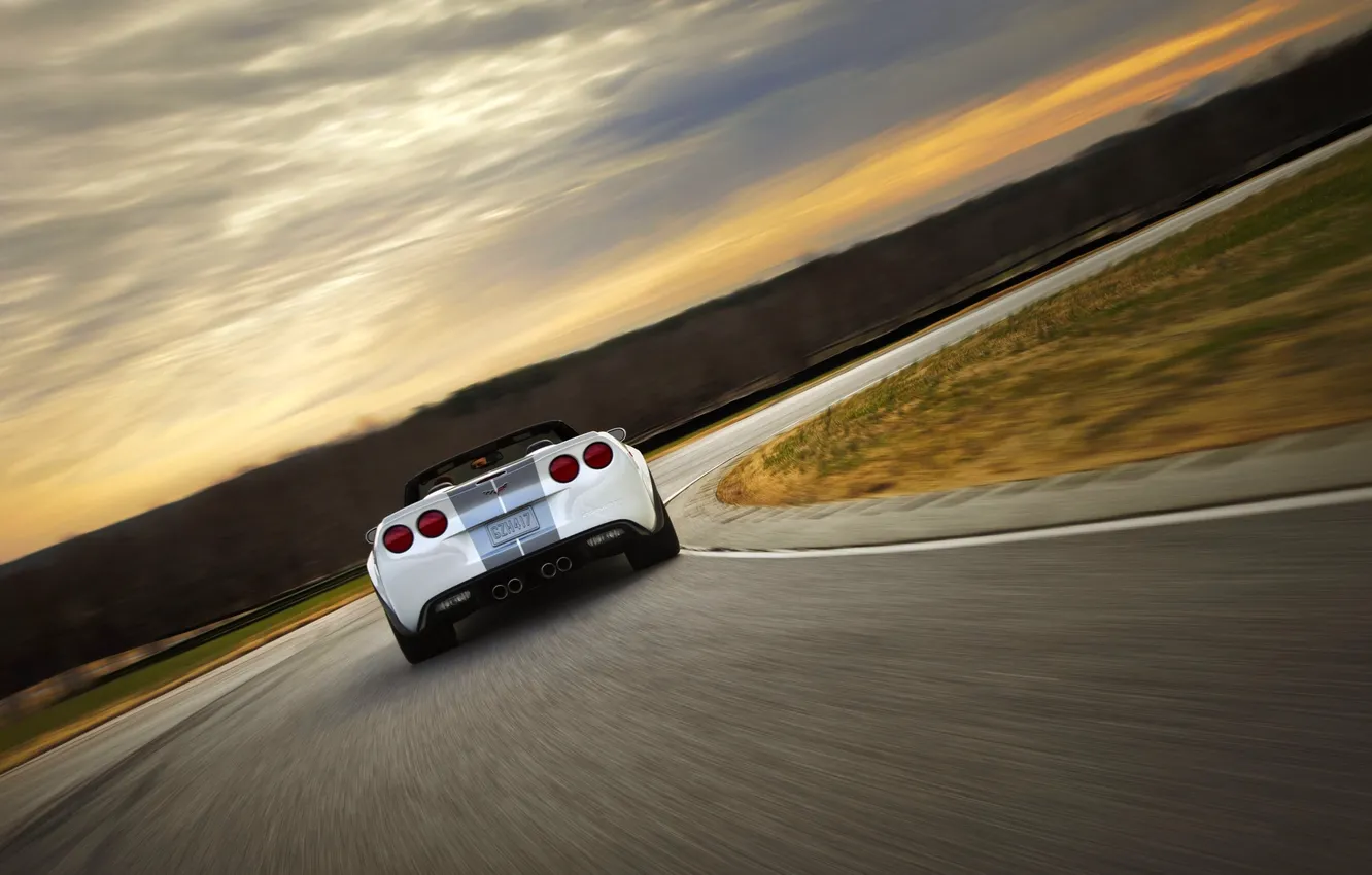 Photo wallpaper road, auto, white, the sky, Corvette, Chevrolet, Chevrolet, in motion