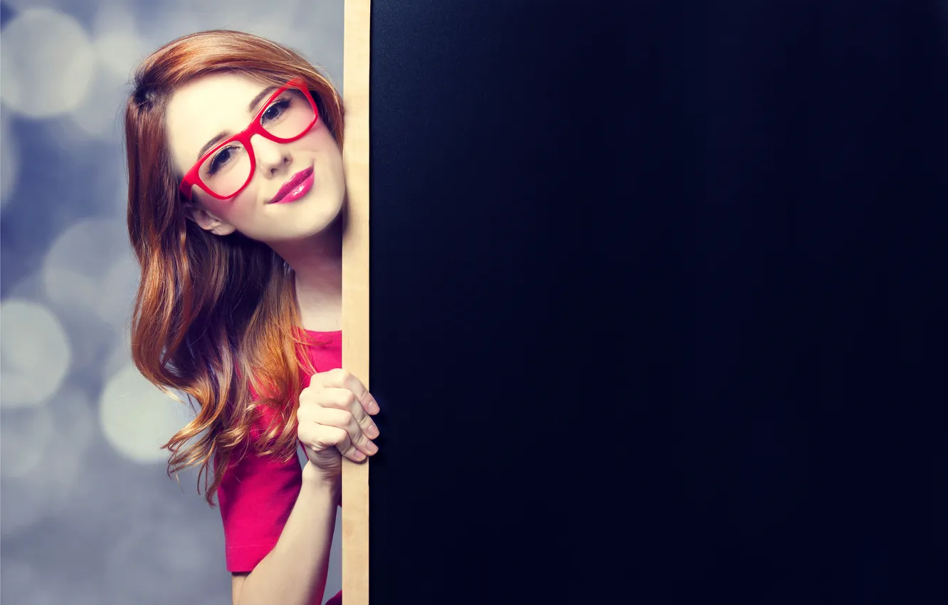 Photo wallpaper girl, smile, glasses, redhead